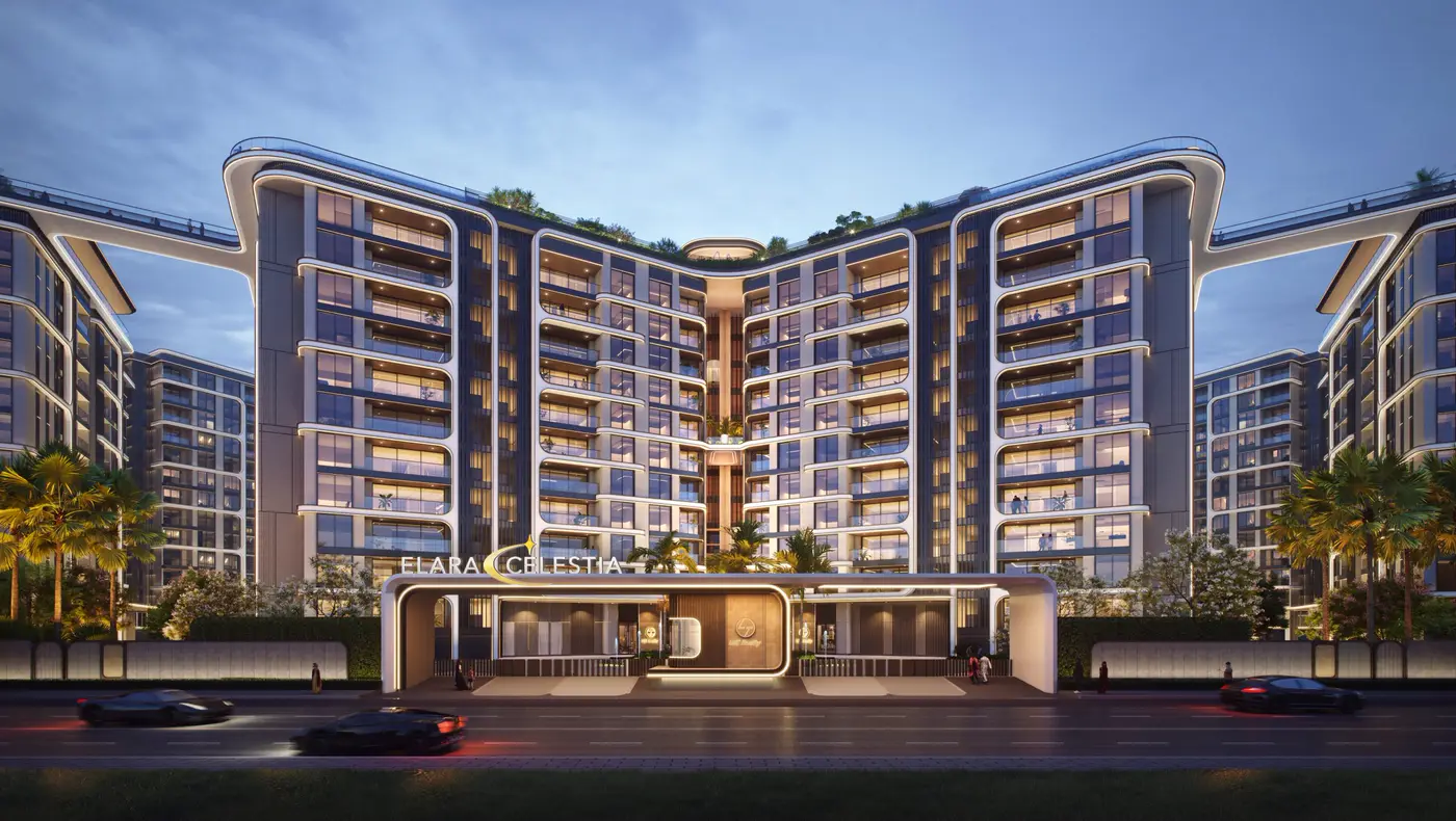 Elara Celestia facade at dusk